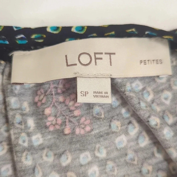 Loft Floral Lace Trim Smocked Cuff Blouse, Color Black/Turquoise/Red Size SP - Picture 14 of 15